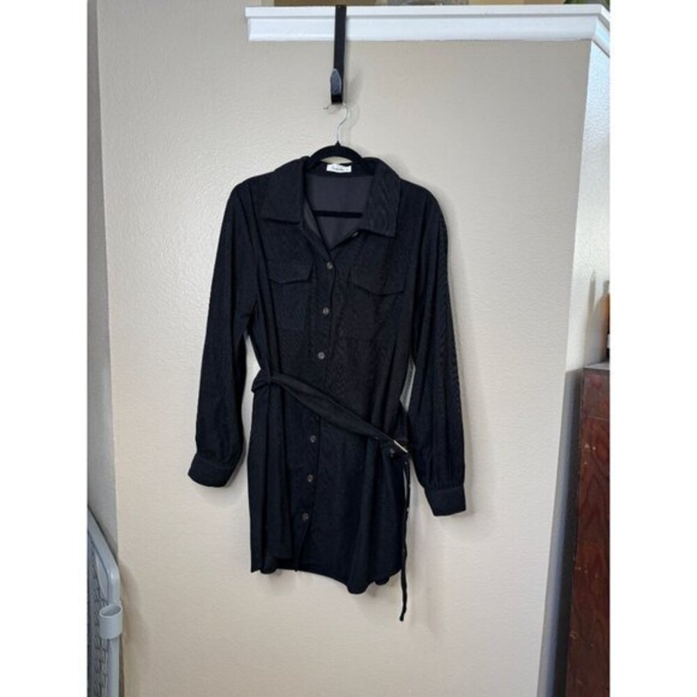 Paintcolors Women's Black Dress Sz X-L long sleeve corduroy midi dress belted‎